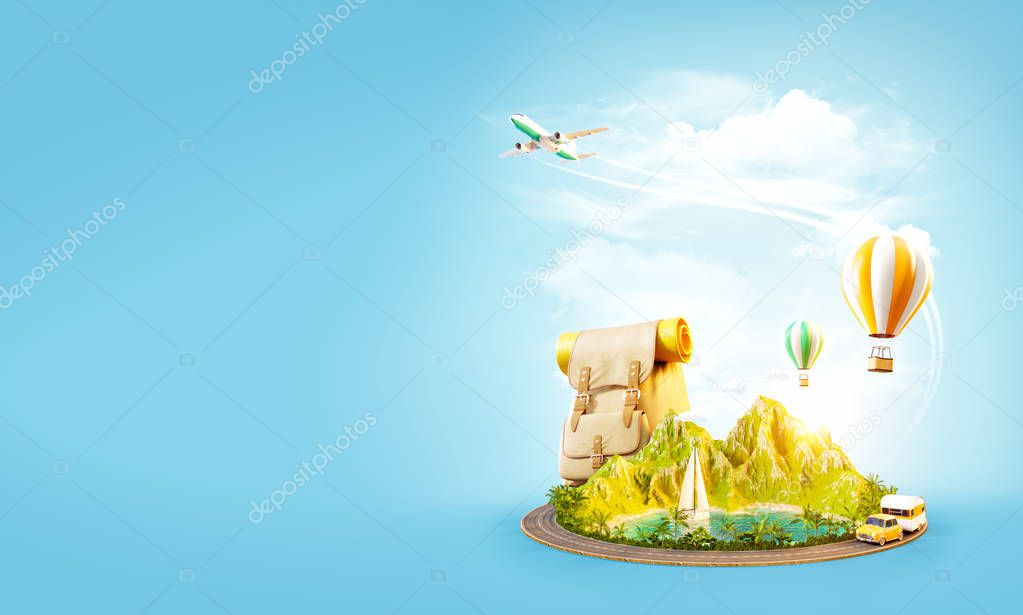 Unusual 3d illustration of a mount with tropical beach and road around. Travel and vacation concept.