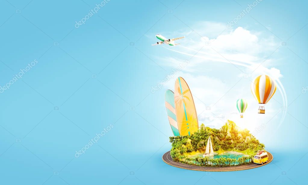 Unusual 3d illustration of a mount with tropical beach and road around. Travel and vacation concept.
