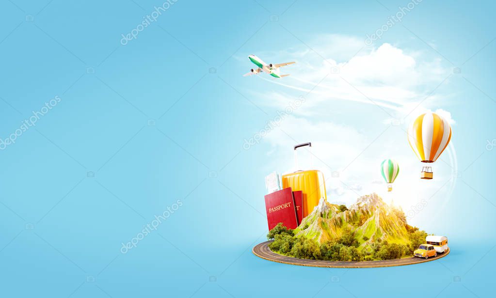 Unusual 3d illustration of a mount with the road around and air balloons above. Travel and vacation concept.
