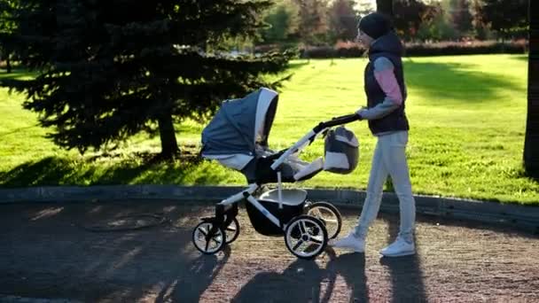 Mutter läuft mit Kinderwagen im Park. — Stockvideo