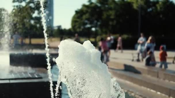 Water fountain in park at sunset. Slow motion — Stock Video