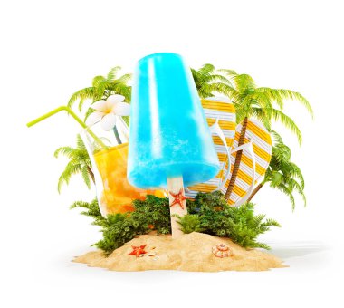 Ferahlık dondurma ve tropikal bir Cennet Adası palmiye. Sıra dışı seyahat 3d çizim. Yaz tatil ve seyahat kavramı. İzole