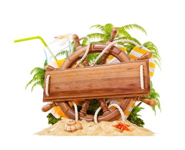 Ahşap dümen kum üzerinde metin için boş bir ahşap tahta ile. Olağandışı 3d çizim. Seyahat ve tatil kavramı. İzole