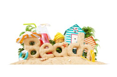 Word plaj kum tropik bir adada yapılmış. Yaz tatili alışılmadık 3d Illustration. Seyahat ve tatil kavramı. İzole