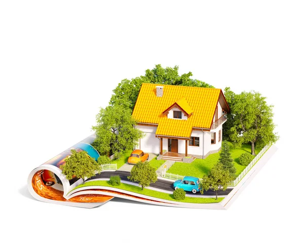 White house of dream with white fence, garden and trees on opened pages of magazine. Unusual 3d illustration. Travel and camping concept. Isolated