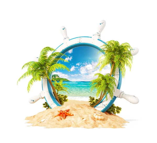 Прекрасный Тропический Пейзаж Пальмами Пляжем Деревянном Шлеме Песке Необычная Иллюстрация — стоковое фото