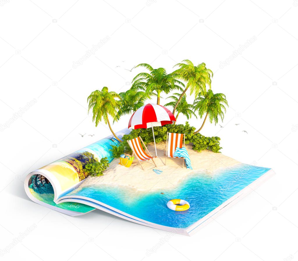 Deck chairs under the beach umbrella on a sand beach of beautiful island on opened pages of magazine in summer day. Unusual isolated 3d illustration. Travel and vacation concept