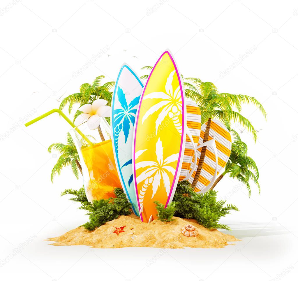Surf boards on paradise island with palms. Unusual travel 3d illustration. Summer vacation concept