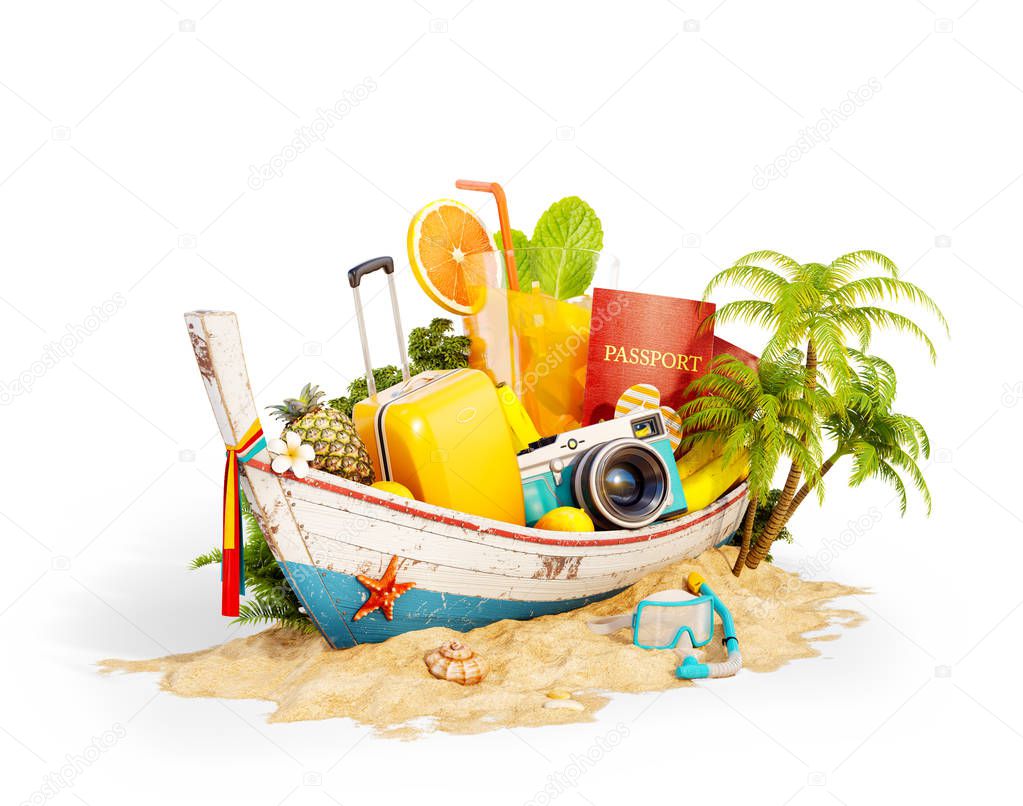 Beautiful Thai boat with suitcase, passport and camera inside on sand. Unusual 3d illustration. Travel and vacation concept. Isolated