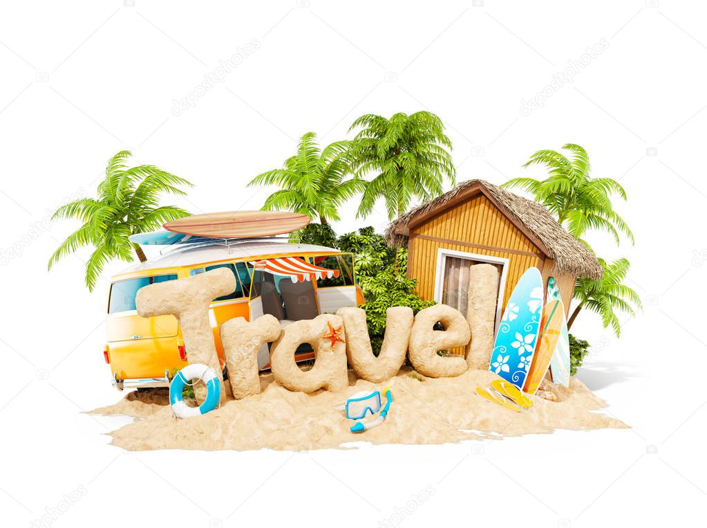 The word Travel made of sand on a tropical island. Unusual 3d illustration of summer vacation. Travel and vacation concept. Isolated