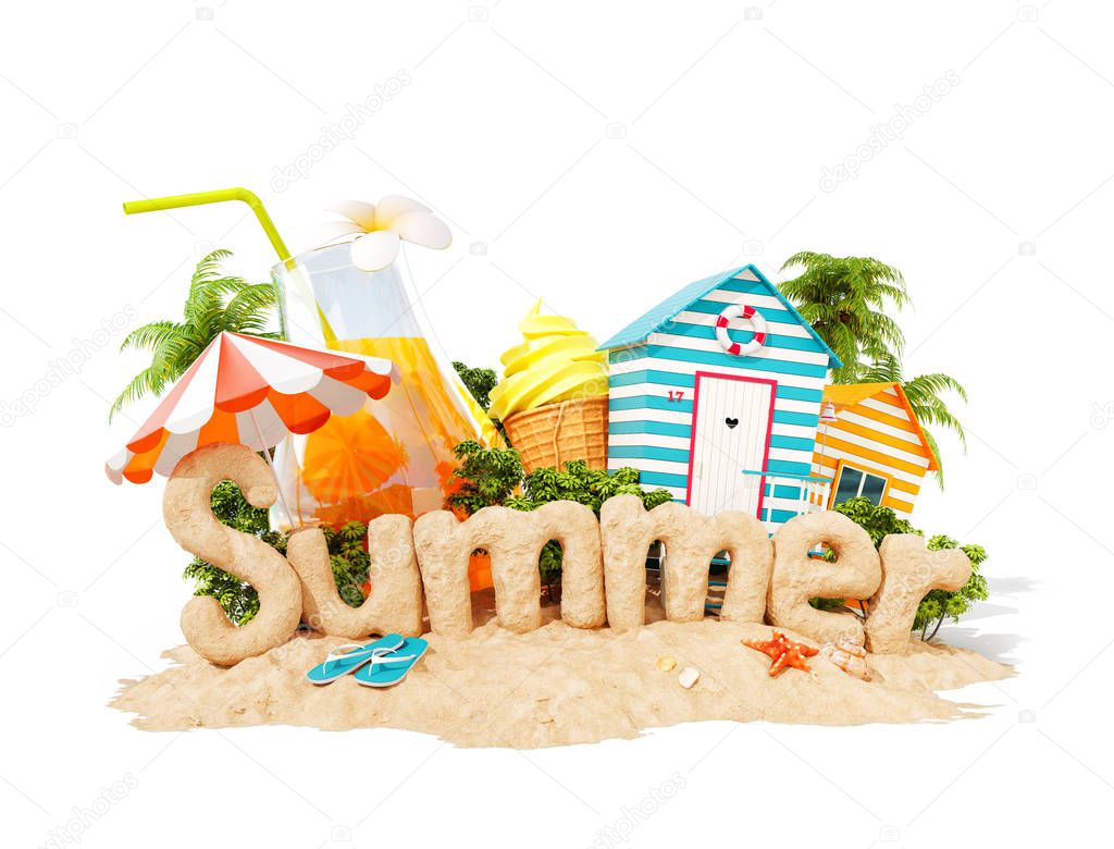 The word Summer made of sand on a tropical island. Unusual 3d illustration of summer vacation. Travel and vacation concept. Isolated