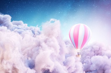 Over the Clouds. Unusual 3d illustration of an air balloon over Fantastic clouds. clipart