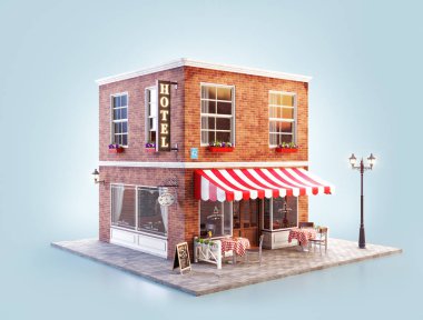 Bir rahat kafe, kafeterya ya da bina çizgili Tente ve açık tablolar ile kahvehane alışılmadık 3d çizimi