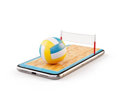 Olağandışı 3d resimde bir voleybol topu ve mahkeme bir smartphone ekranında. Plaj voleybolu izliyor ve online kavramı bahis. İzole