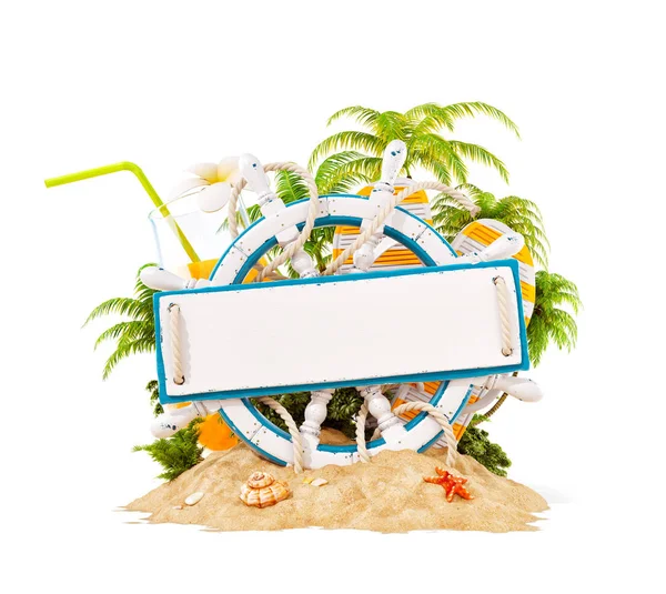 Ahşap dümen kum üzerinde metin için boş bir ahşap tahta ile. Olağandışı 3d çizim. Seyahat ve tatil kavramı. İzole