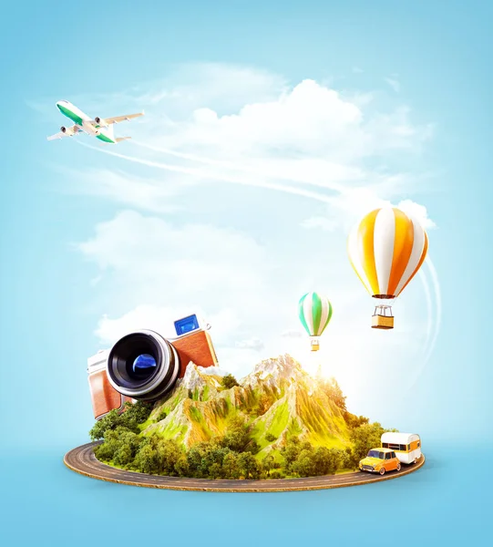 Unusual Illustration Mount Road Air Balloons Travel Vacation Concept — Stock Photo, Image