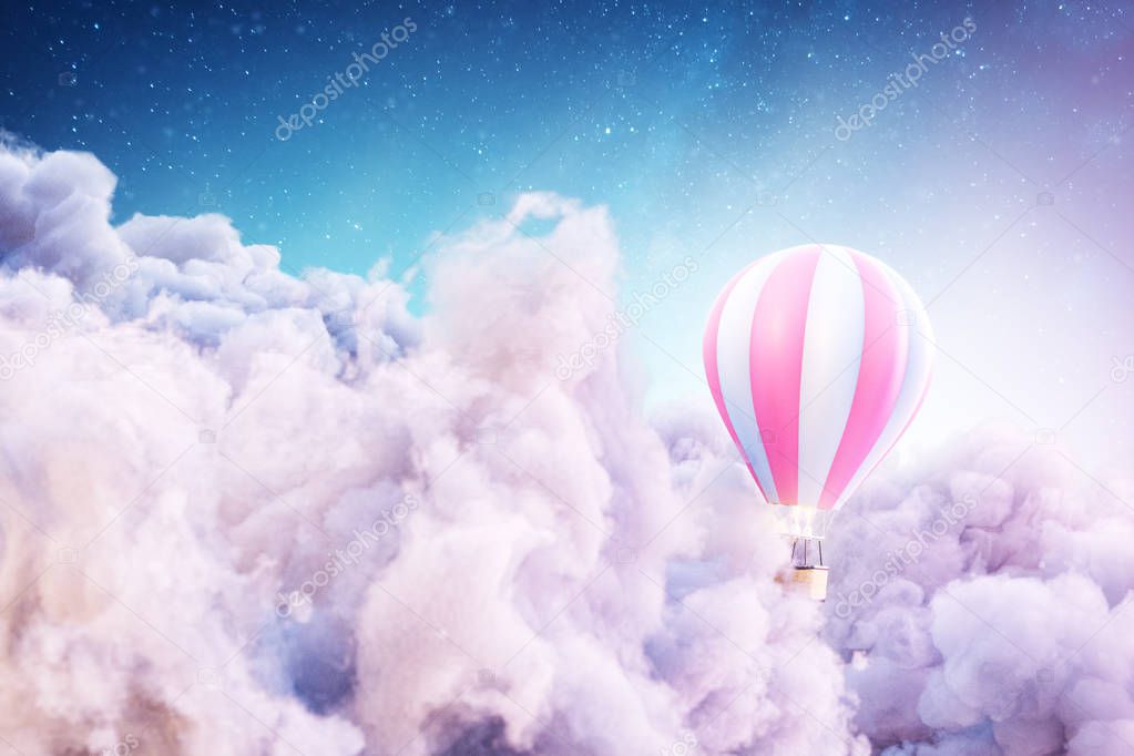 Over the Clouds. Unusual 3d illustration of an air balloon over Fantastic clouds.