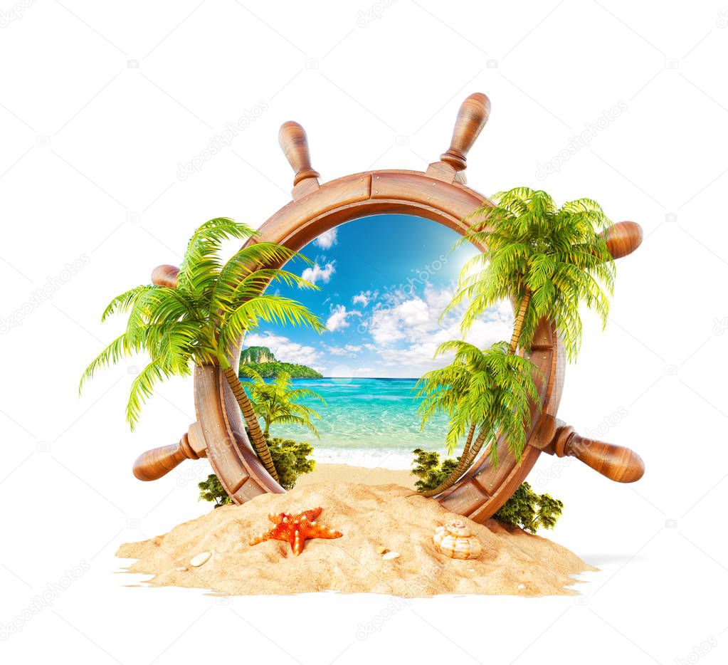 Wonderful tropical landscape with palms and beach in wooden helm on sand. Unusual 3D illustration. Travel and vacation concept. Isolated