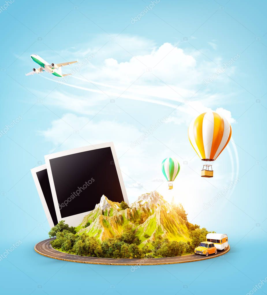 Unusual 3d illustration of a mount with the road around and air balloons above. Travel and vacation concept.