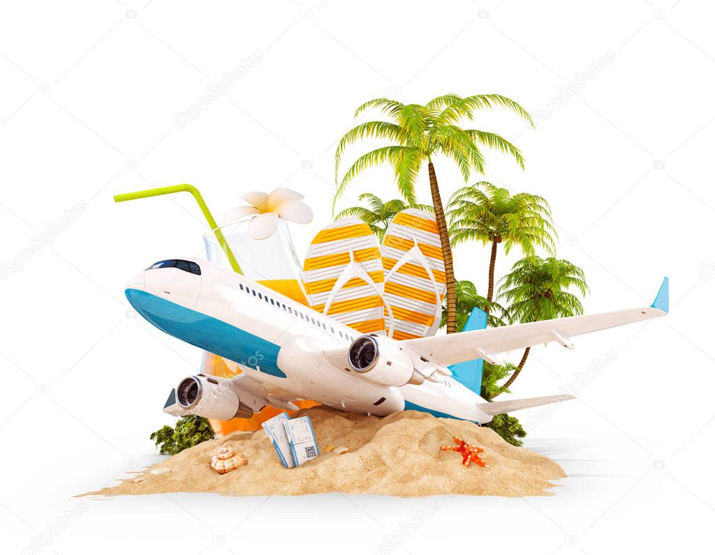Passenger airplane and tropical palm on a paradise island. Unusual travel 3d illustration isolated on white. Summer vacation and air travel concept