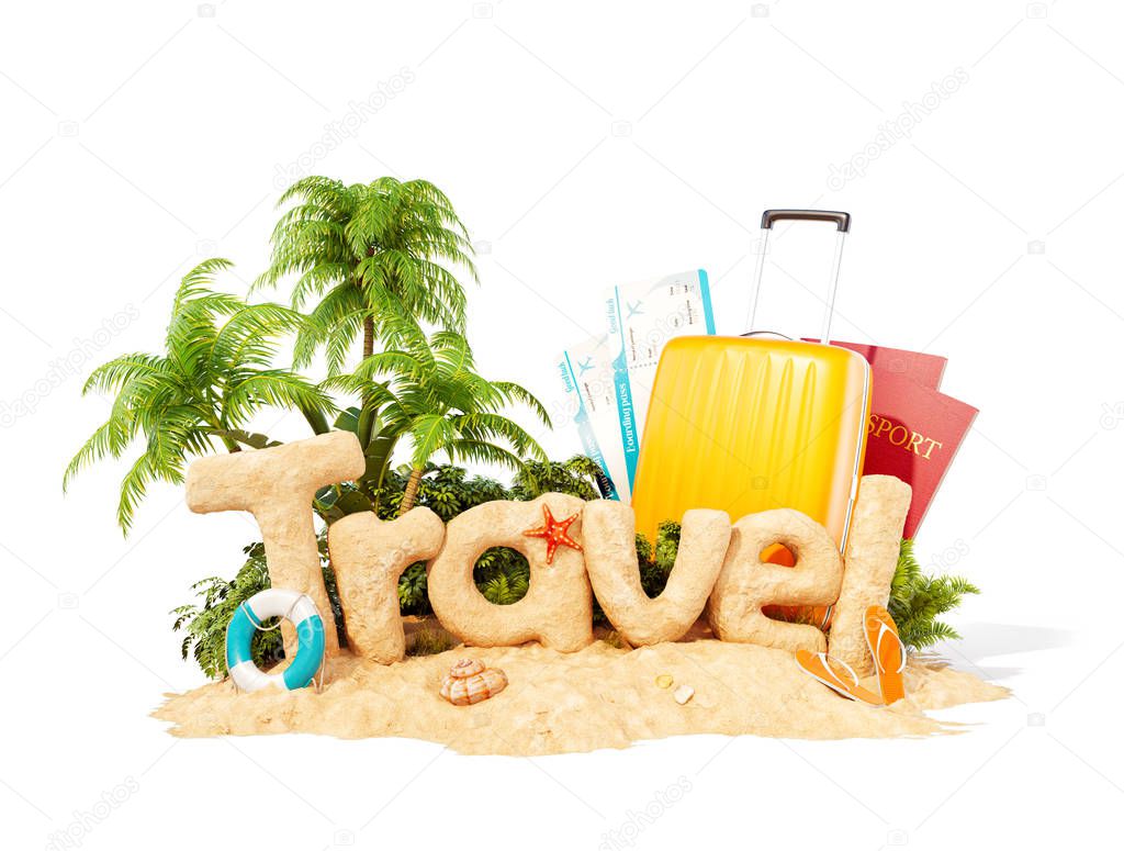 The word Travel made of sand on a tropical island. Unusual 3d illustration of summer vacation. Travel and vacation concept. Isolated