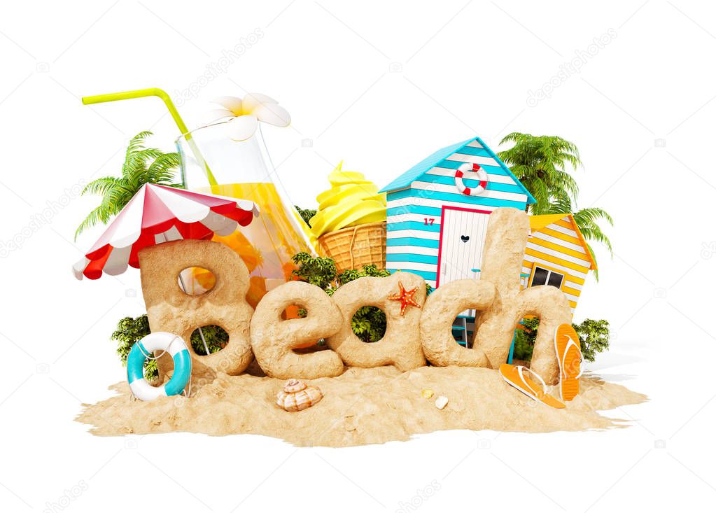 The word Beach made of sand on a tropical island. Unusual 3d illustration of summer vacation. Travel and vacation concept. Isolated