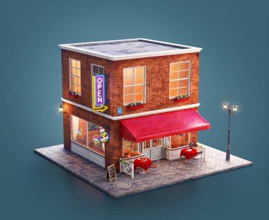 Kırmızı tente, neon işaret ve açık tablolar ile bir gece kulübü, kafe, Bar veya çubuk bina alışılmadık 3d çizimi
