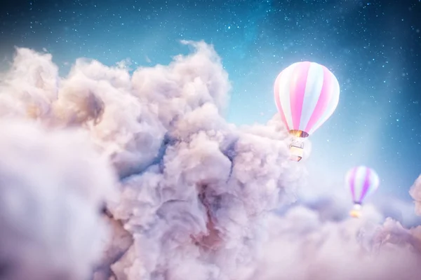 Über Den Wolken Ungewöhnliche Illustration Eines Luftballons Über Fantastischen Wolken — Stockfoto