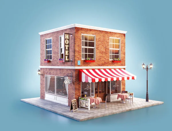 Unusual Illustration Cozy Cafe Coffee Shop Coffeehouse Building Striped Awning — Stock Photo, Image