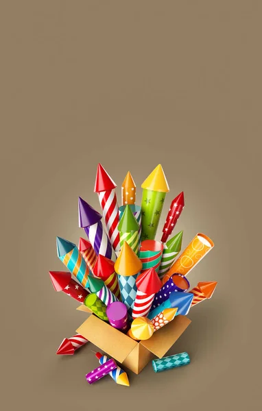 Ilustración Inusual Cohetes Fuegos Artificiales Colores Brillantes Una Caja Concepto — Foto de Stock