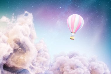 Bulutların üzerinde. Bir hava balonu fantastik bulutlar üzerinde olağandışı 3d çizimi.