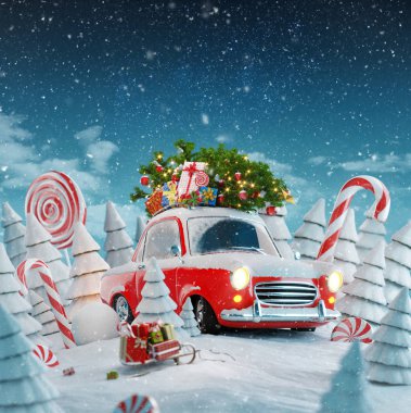 Kırmızı Noel Baba'nın araba hediye kutuları ve Noel ağacına ilk büyülü bir orman içinde. Mutlu Noeller ve mutlu yeni yıl kavramı. Olağandışı Noel 3d çizim.