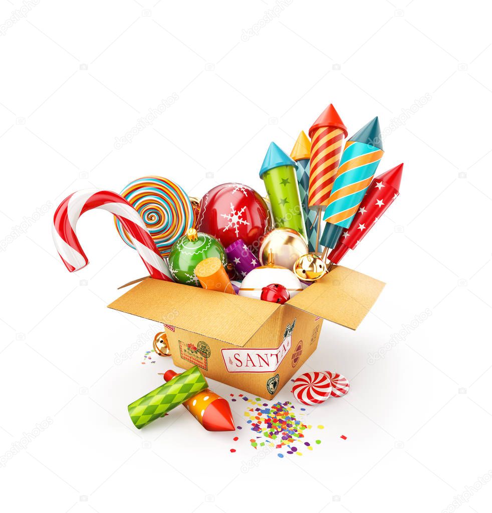 Unusual 3d illustration of a box full of christmas toys, candies and bright colorful fireworks rockets. Merry Christmas and a Happy New Year celebration concept. Isolated