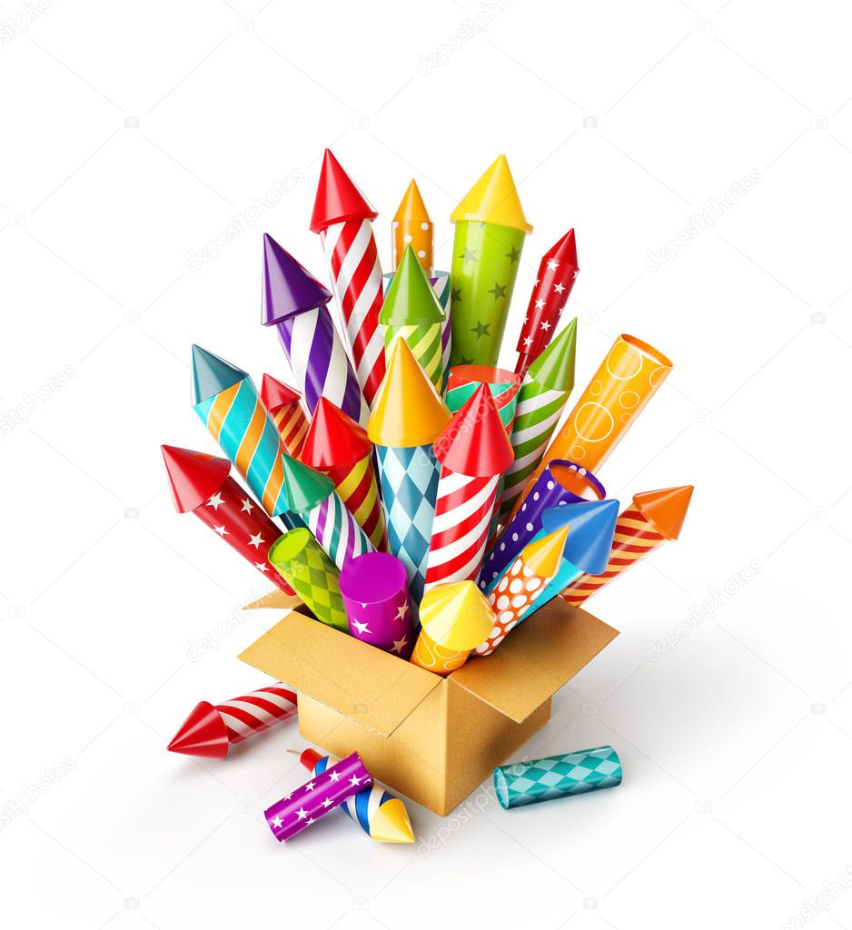 Unusual 3d illustration of bright colorful fireworks rockets in a box. Holidays and Christmas celebration concept. Isolated on white