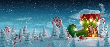 Peri ev şaşırtıcı Noel'de elfs ayakkabı açılan kapı ve büyülü orman içinde şömine ile şeklinde dekore edilmiş. Olağandışı Noel 3d çizim kartpostal.