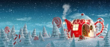 Peri ev şaşırtıcı Noel'de Noel iç iç spurces ve şeker kamışı ile büyülü orman ile çaydanlık şeklinde dekore edilmiş. Olağandışı Noel 3d çizim kartpostal.