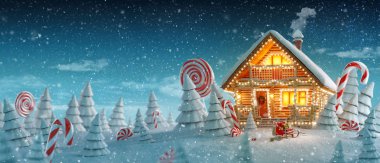 Muhteşem günlük ev Noel ışıkları karikatür Ladin ve şekerler ile büyülü ormanda dekore edilmiştir. Olağandışı Noel 3d çizim kartpostal