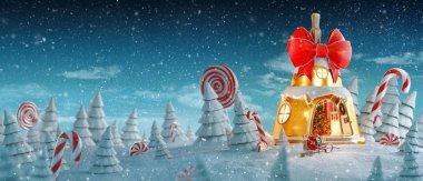 Peri ev şaşırtıcı Noel'de Noel zille kırmızı kurdele ve Noel ışıkları şekerler ile büyülü ormanda şeklinde dekore edilmiş. Olağandışı Noel 3d çizim kartpostal.