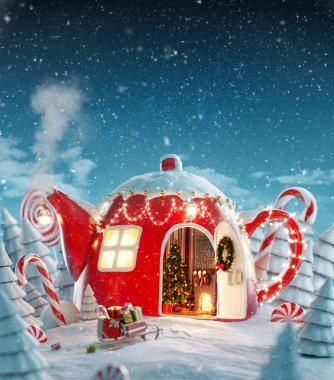 Peri ev şaşırtıcı Noel'de Noel iç iç spurces ve şeker kamışı ile büyülü orman ile çaydanlık şeklinde dekore edilmiş. Olağandışı Noel 3d çizim kartpostal.