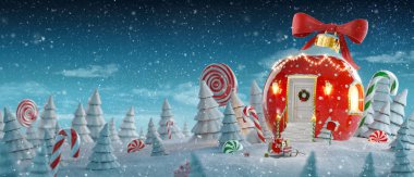 Peri ev şaşırtıcı Noel'de Noel biblo kırmızı kurdele ve Noel ışıkları şekerler ile büyülü ormanda şeklinde dekore edilmiş. Olağandışı Noel 3d çizim kartpostal.