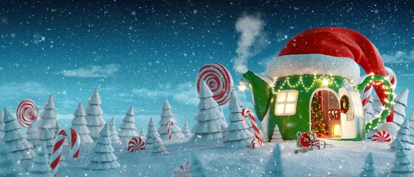惊人的童话房子在红色精灵帽子装饰在圣诞节的茶壶形状打开门和壁炉里面在神奇的森林 不寻常的圣诞节3D 插图明信片 — 图库照片