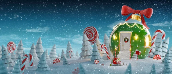 惊人的童话屋装饰圣诞节的形状圣诞节摆设与红色丝带和圣诞灯在魔法森林与糖果手杖 不寻常的圣诞节3D 插图明信片 — 图库照片