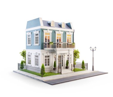 Olağandışı 3d çizimi beyaz girişi, çim ve yolun ortasında nice mahalle, küçük şirin bahçe ile güzel bir ev. İzole