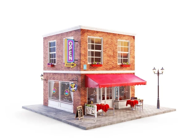 不寻常的3D 插图咖啡馆 酒吧或酒吧大厦与红色遮阳篷 霓虹灯标志和户外餐桌 — 图库照片