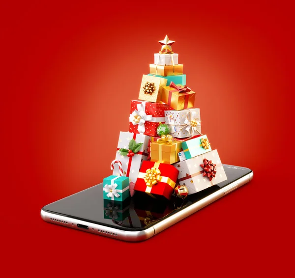 スマート フォン上にクリスマス ツリーの形のギフト ボックスのスタックの珍しい イラスト クリスマス スマート フォン アプリケーション メリー — ストック写真