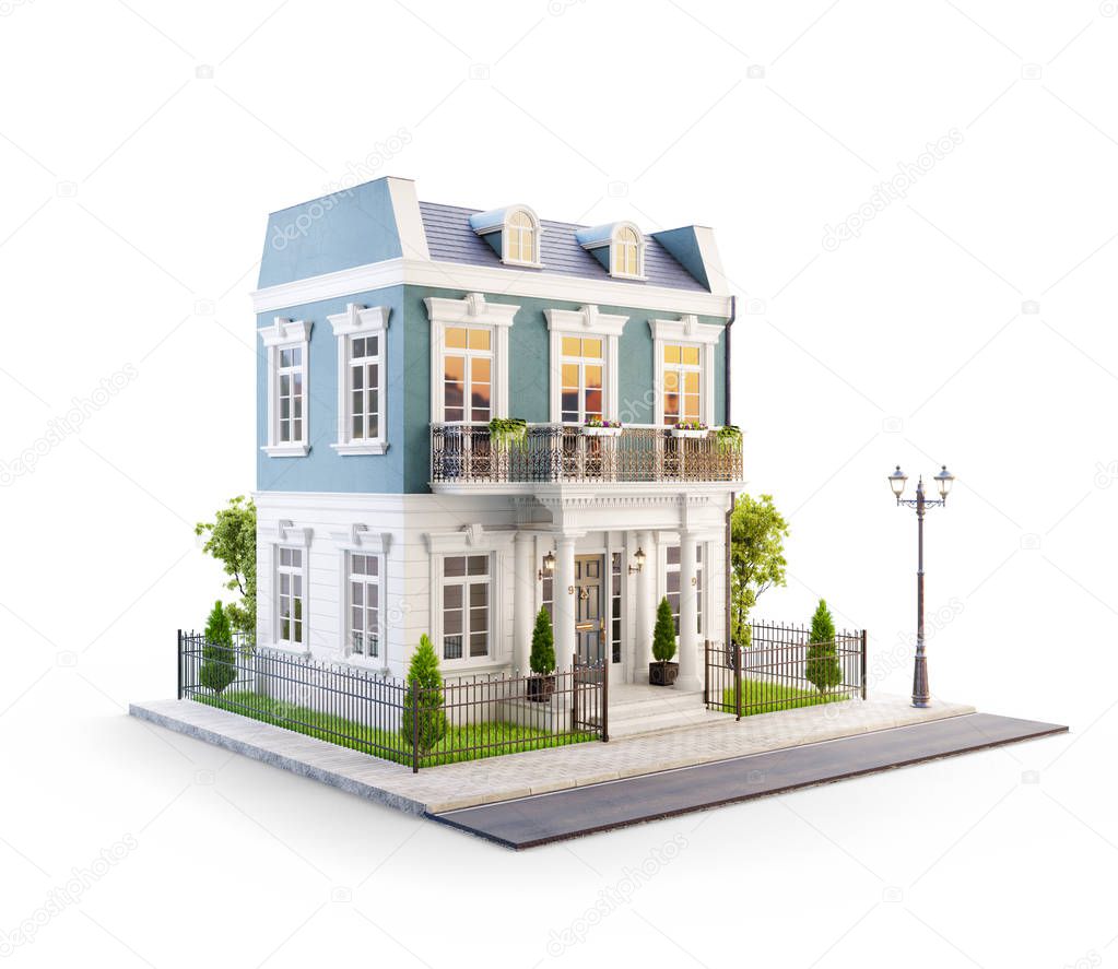 Unusual 3d illustration of a beautiful house with white entrance, lawn and small cute garden at the road in nice neighborhood. Isolated