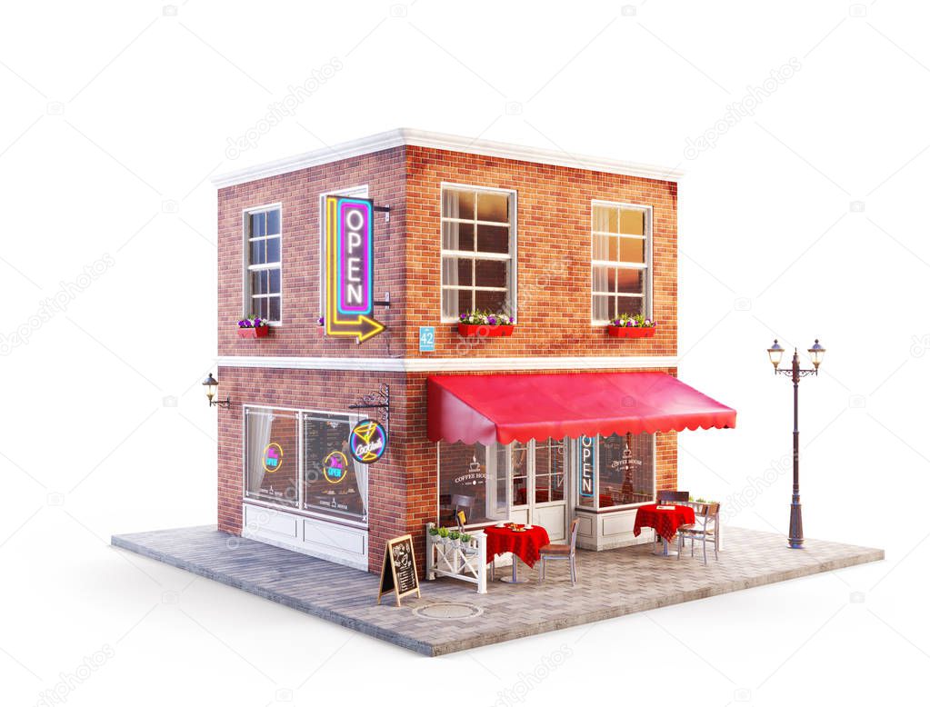 Unusual 3d illustration of a cafe, pub or bar building with red awning, neon signs and outdoor tables