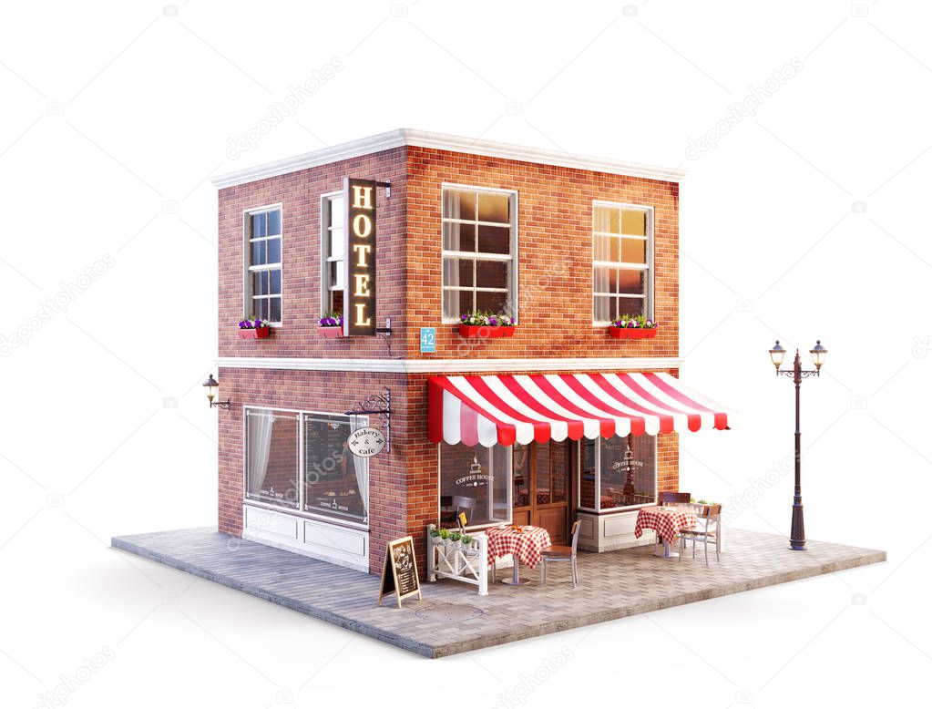 Unusual 3d illustration of a cozy cafe, coffee shop or coffeehouse building with striped awning and outdoor tables