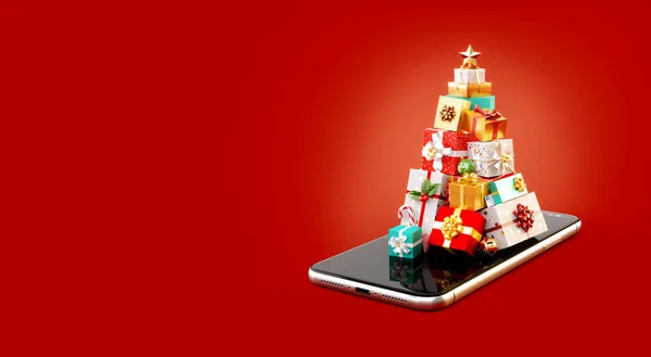 スマート フォン上にクリスマス ツリーの形のギフト ボックスのスタックの珍しい イラスト クリスマス スマート フォン アプリケーション メリー — ストック写真