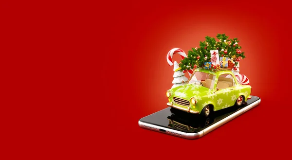Ungewöhnliche Illustration Eines Weihnachtsmannautos Mit Geschenkschachteln Und Weihnachtsbaum Der Spitze — Stockfoto